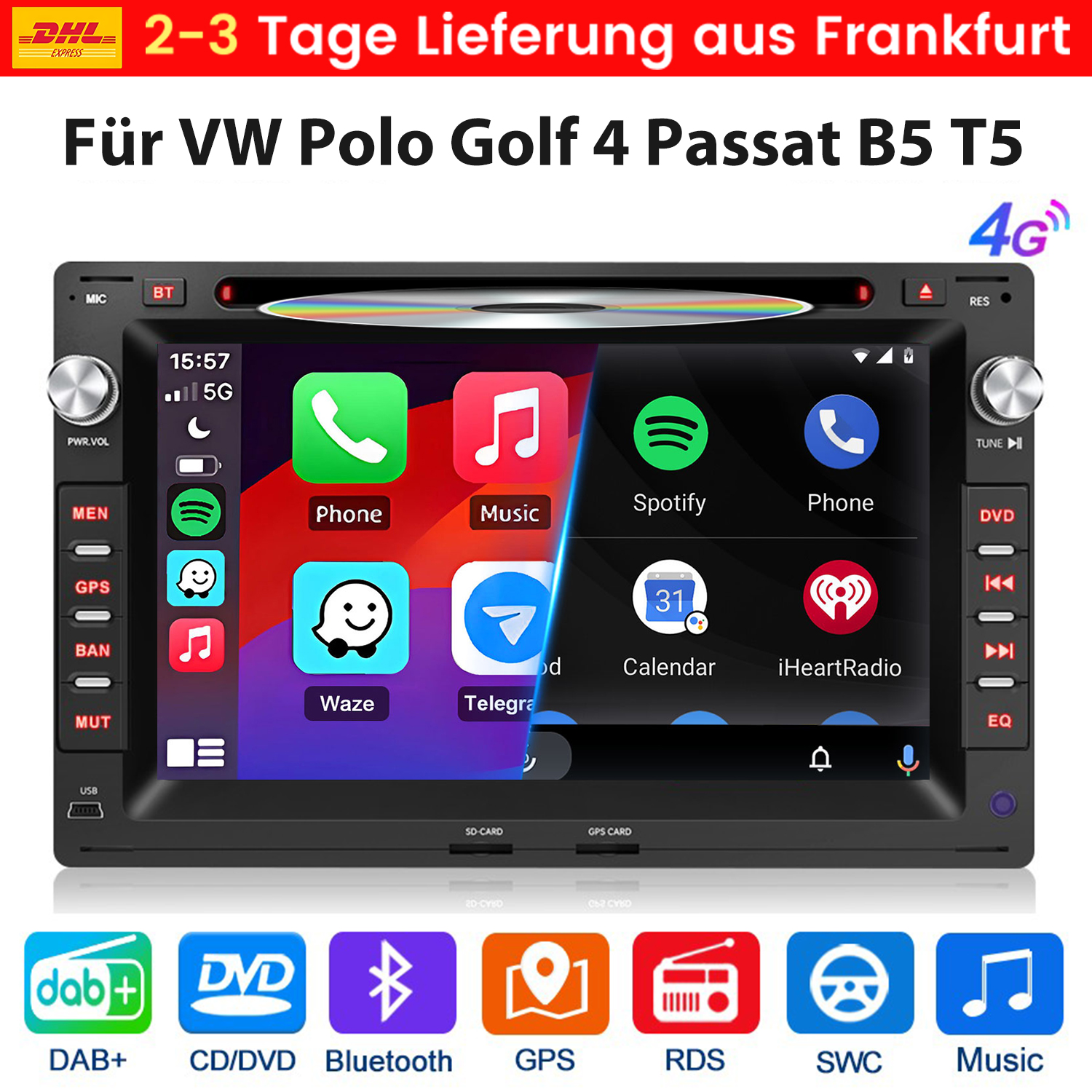 Autoradio mit Touchscreen, zeigt Apps wie Spotify, Telefon, Kalender und Navigation.