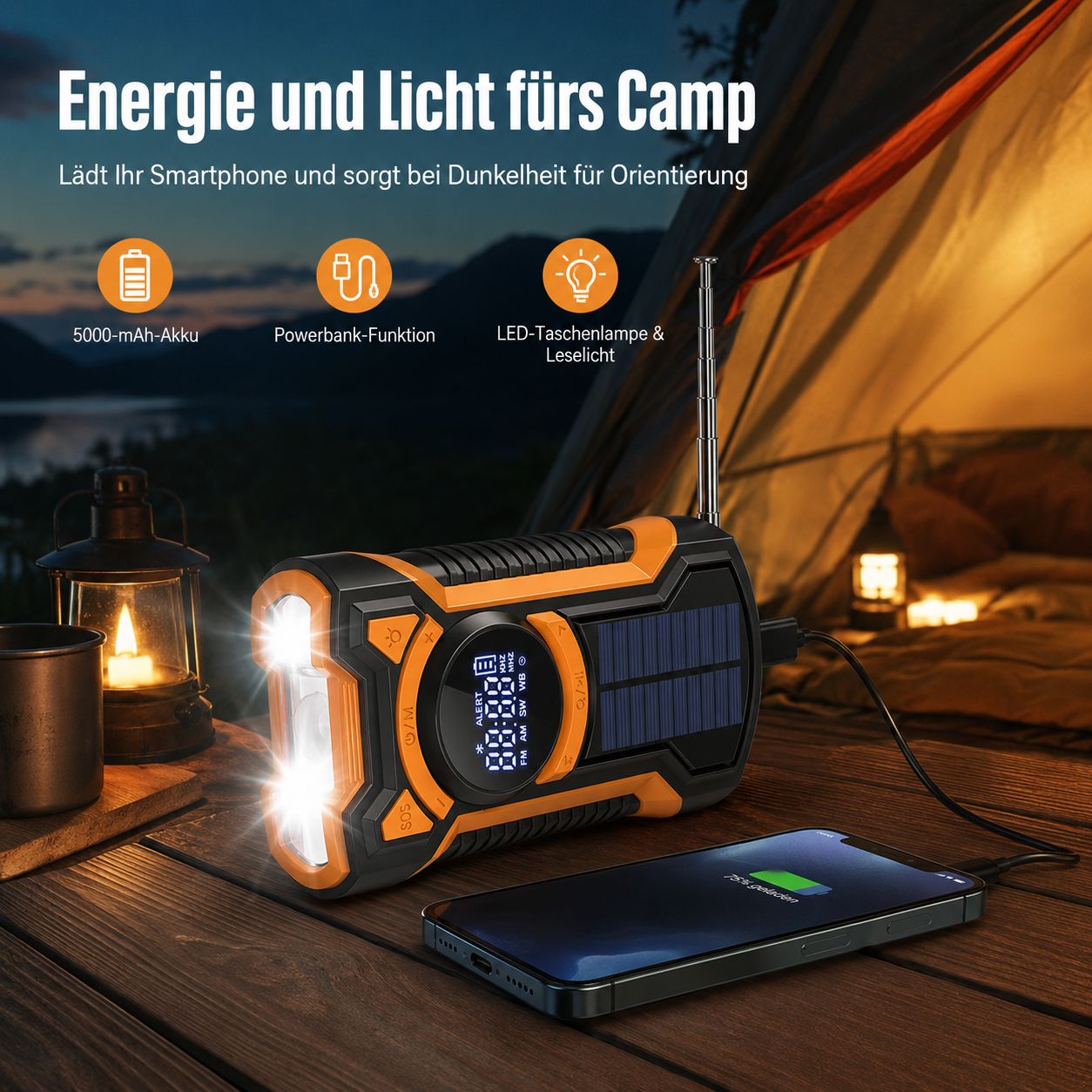 Ein Camping-Radio mit Taschenlampe lädt ein Smartphone. Draußen auf einem Tisch.