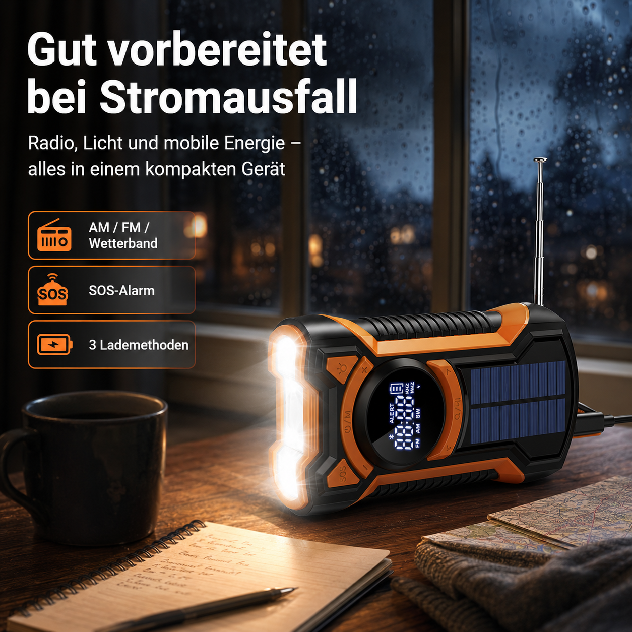 Ein Notfallradio mit Taschenlampe, Solarpanel und SOS-Funktion steht auf einem Tisch.