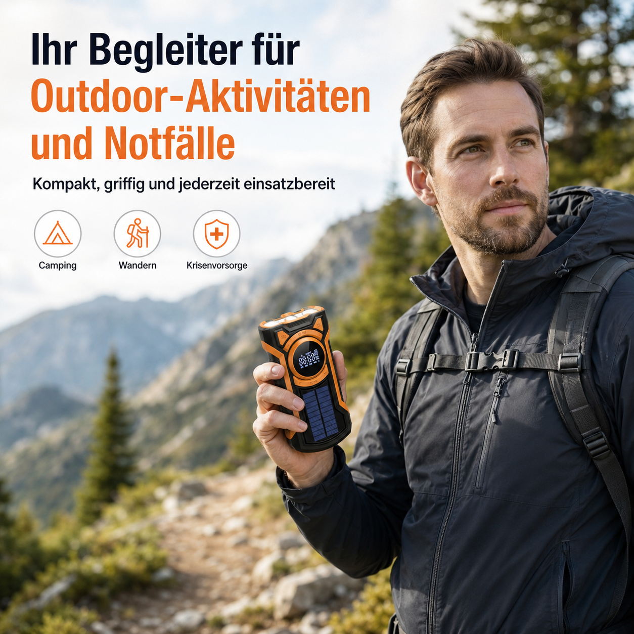 Mann im Freien hält Solar-Taschenlampe mit drei Symbolen: Camping, Wandern, Krisenvorsorge.
