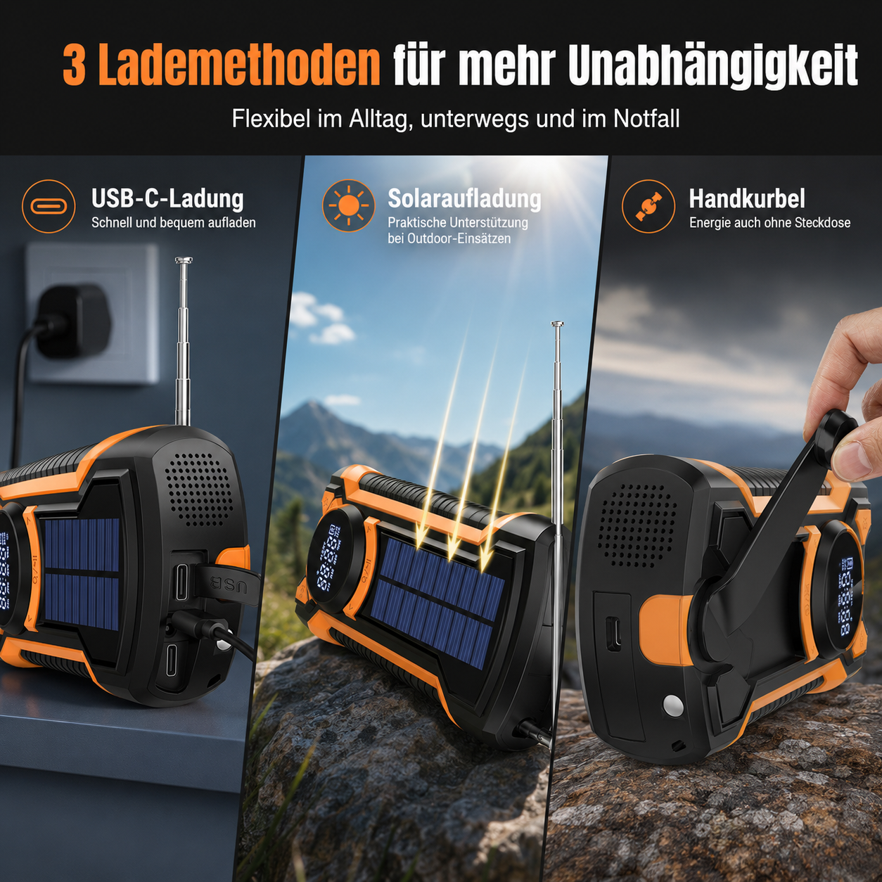 Ein orangefarbenes Notfallradio mit drei Lademethoden: USB-C, Solar und Handkurbel.