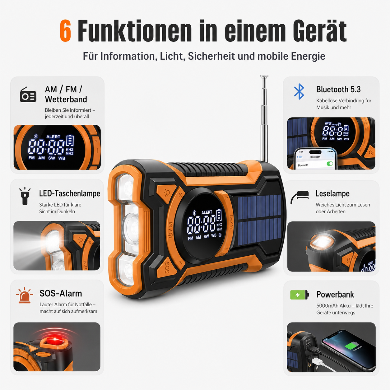 Multifunktionsgerät mit Radio, Lampe, SOS-Alarm, Bluetooth und Powerbank.