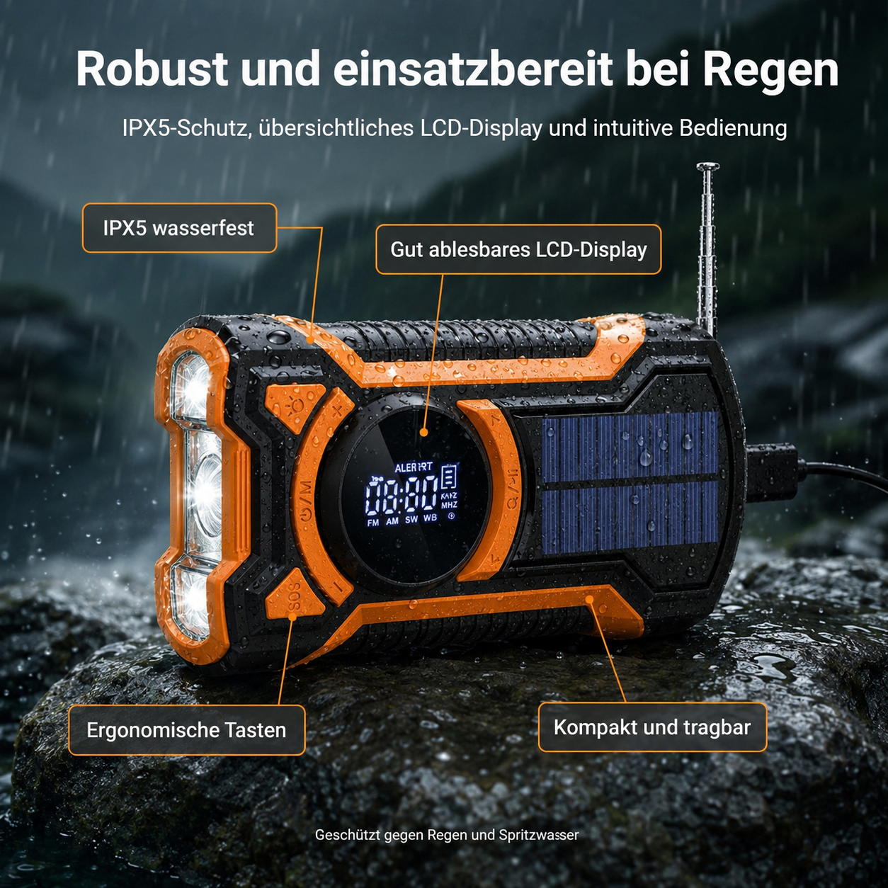Robustes, orange-schwarzes Multifunktionsgerät mit Solarpanel, Taschenlampe, LCD und Antenne im Regen.