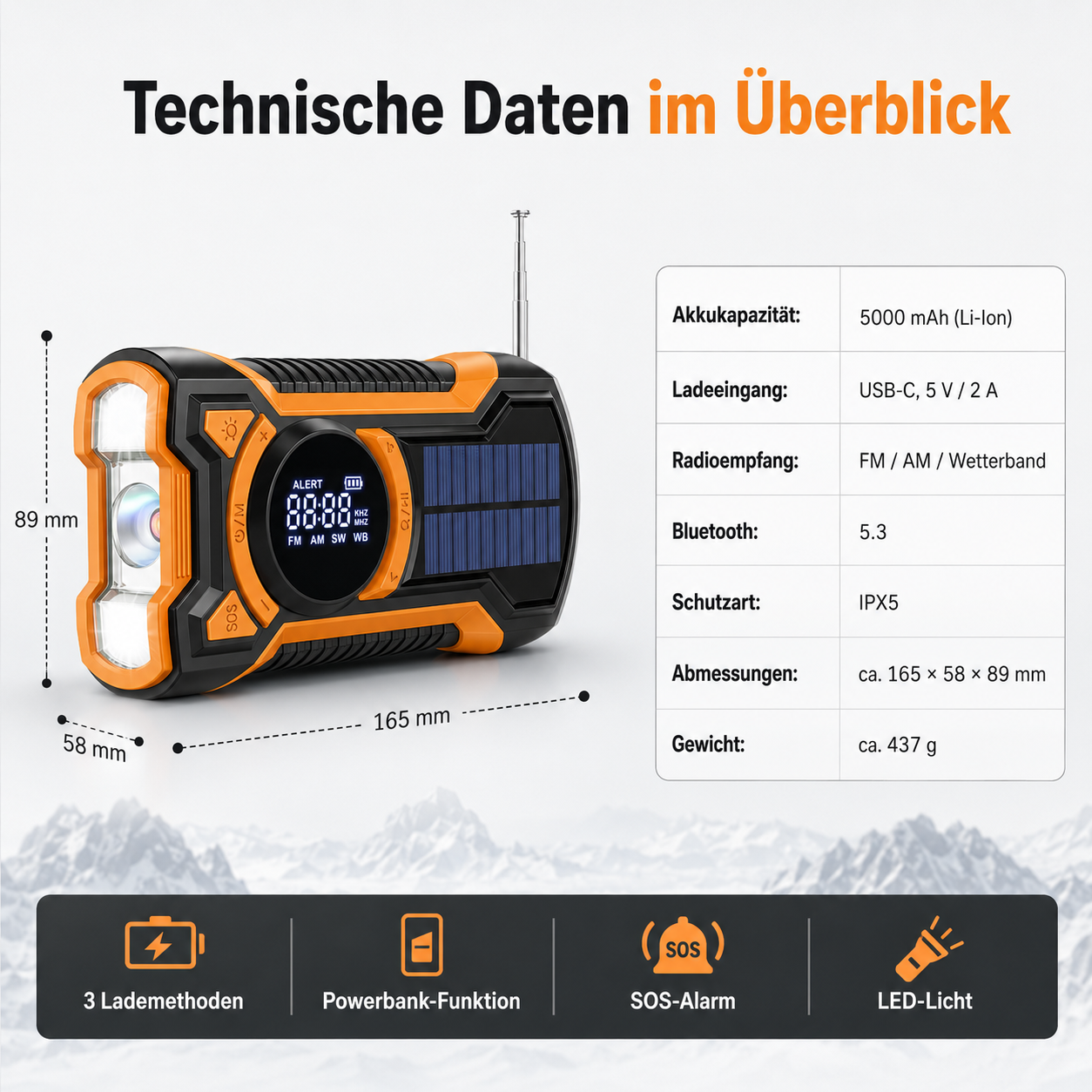 Ein orange-schwarzes Notfallradio mit Solarpanel, LED-Licht und Maßen.
