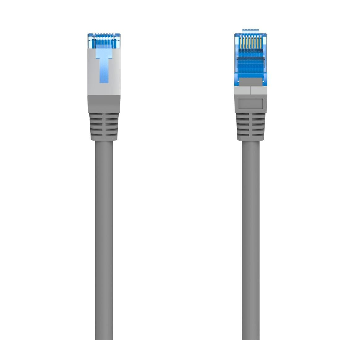 Due cavi di rete grigi con connettori blu su sfondo bianco.