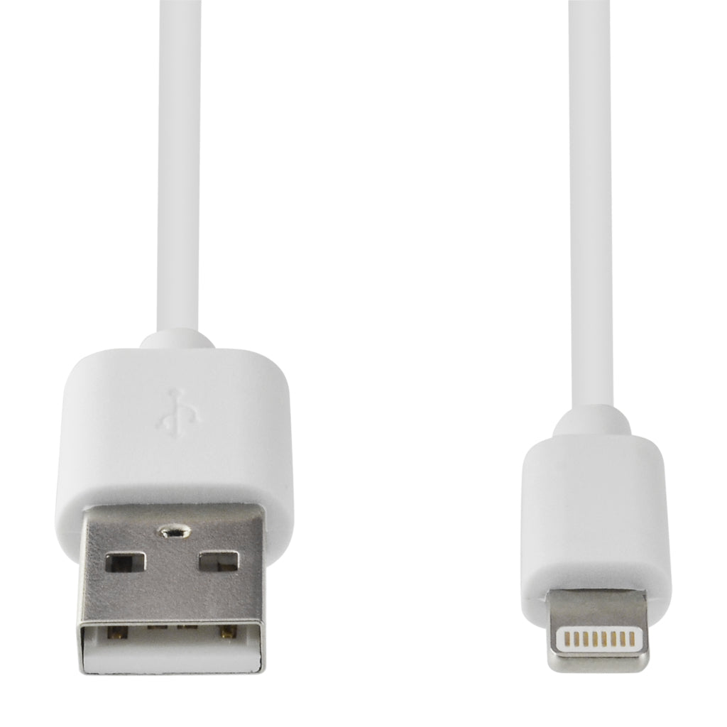 Un cavo bianco da USB a Lightning che mostra entrambi i connettori in primo piano.