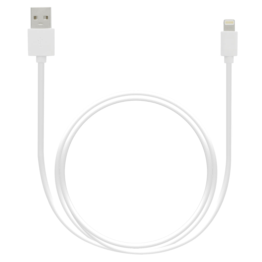 Un cavo da USB-A a Lightning bianco arrotolato su sfondo bianco.