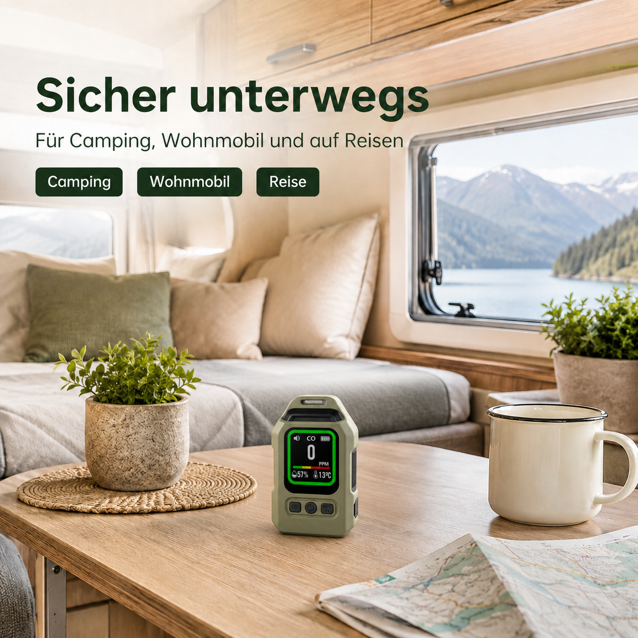 Ein CO-Detektor auf einem Tisch in einem Wohnmobil, mit Blick auf einen See.