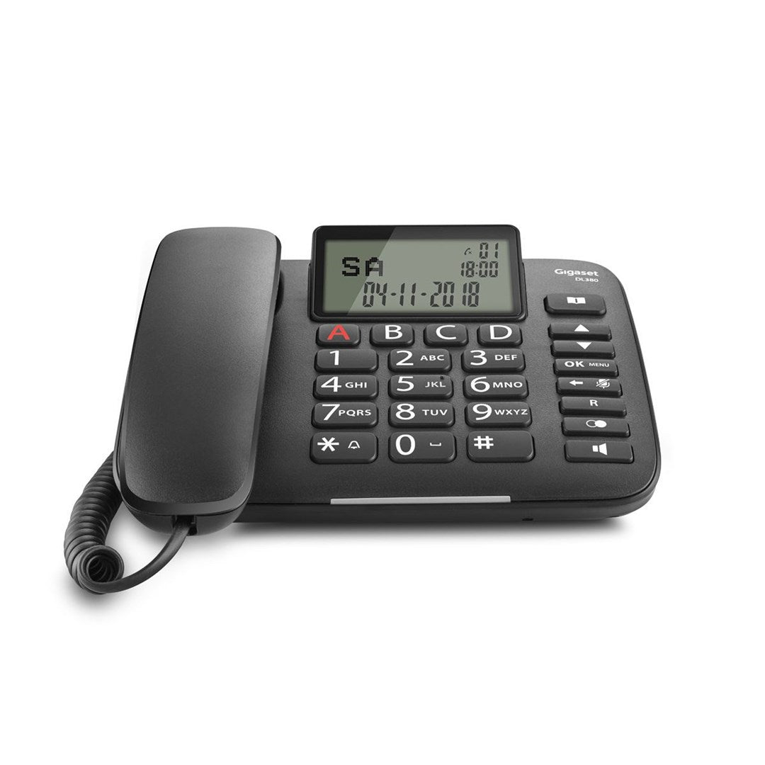 Ein schwarzes Gigaset DL380 Schnurlostelefon mit Tastatur und Display.