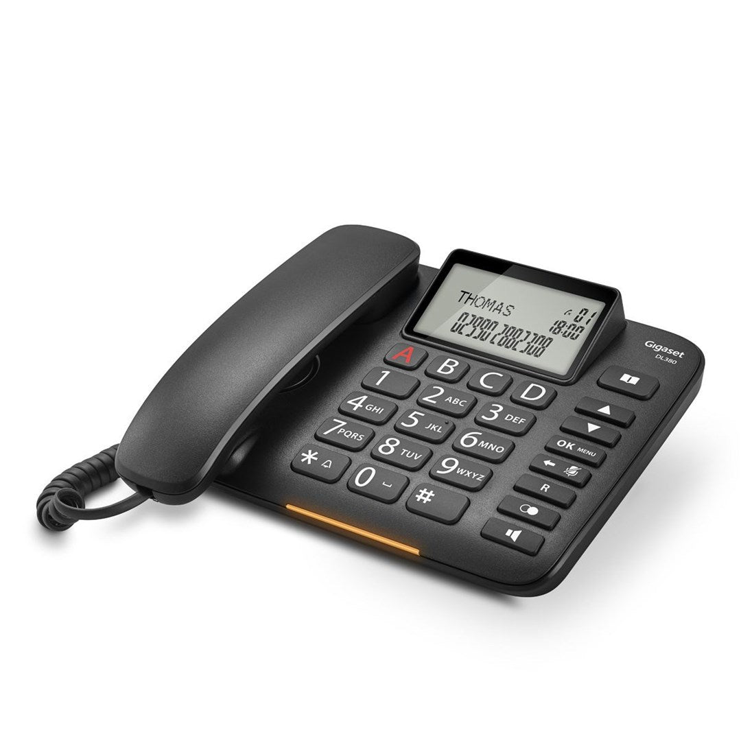 Schwarzes Gigaset DL380 Festnetztelefon mit Display und Handhörer.