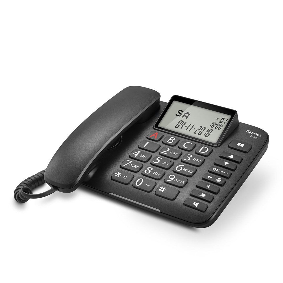 Ein schwarzes Schnurtelefon mit einem Display und einer Tastatur.