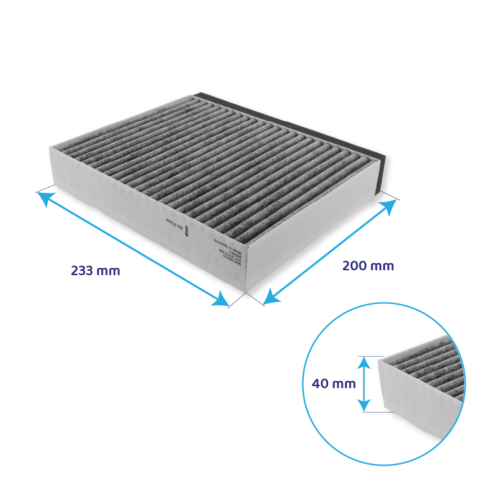 Grauer Auto-Innenraumfilter mit Abmessungen 233x200x40 mm.