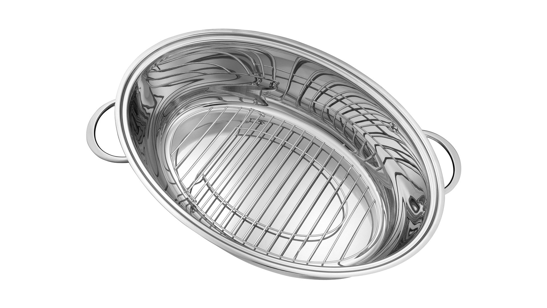 Edelstahl-Bräter mit herausnehmbarem Rost, oval, mit Griffen.