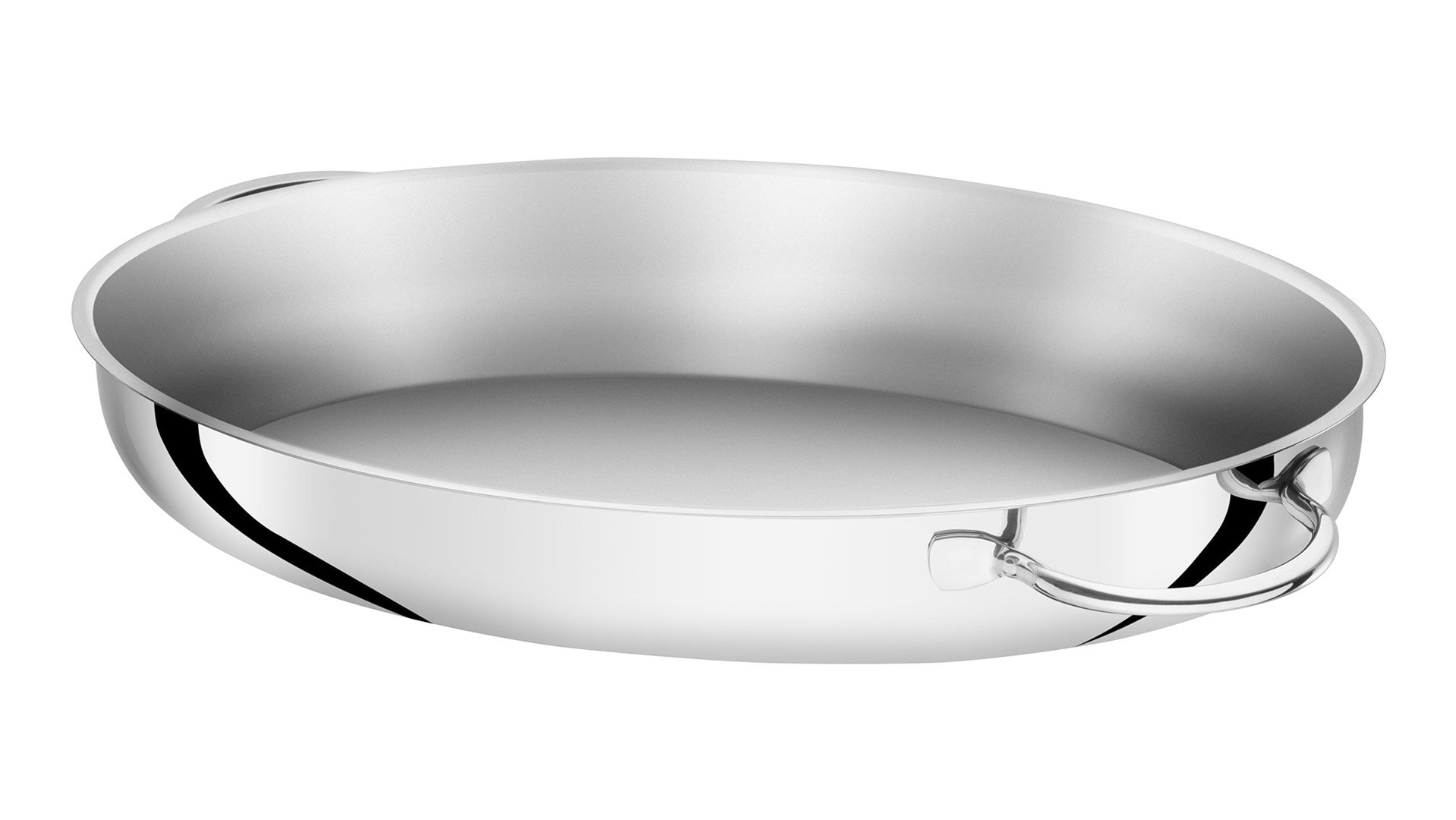 Eine ovale, glänzende Edelstahlschale mit zwei Griffen auf weißem Hintergrund.