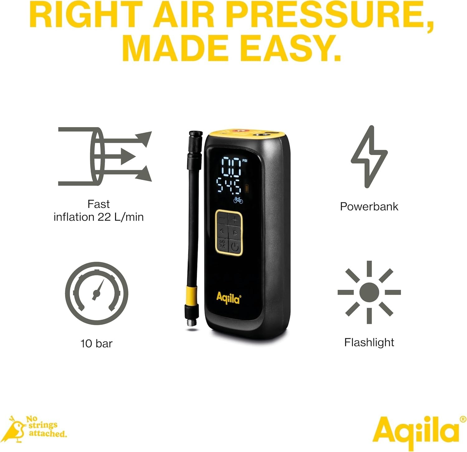 Gonfleur de pneus numérique jaune et noir avec icônes pour gonflage rapide, 10 bar, powerbank, lampe de poche.