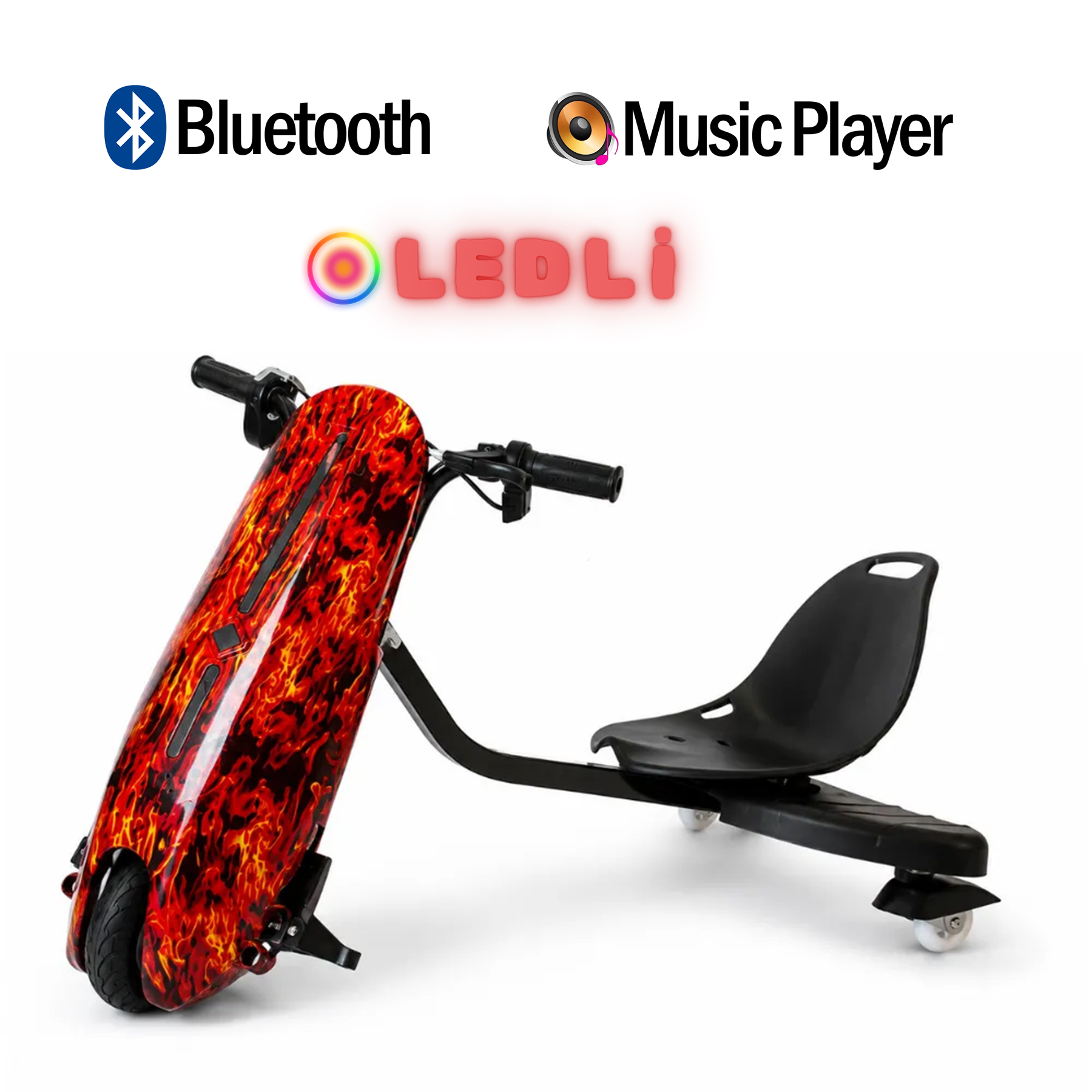 Alev tasarımlı drift üç tekerlekli bisiklet, Bluetooth ve müzik çalar simgeleri.