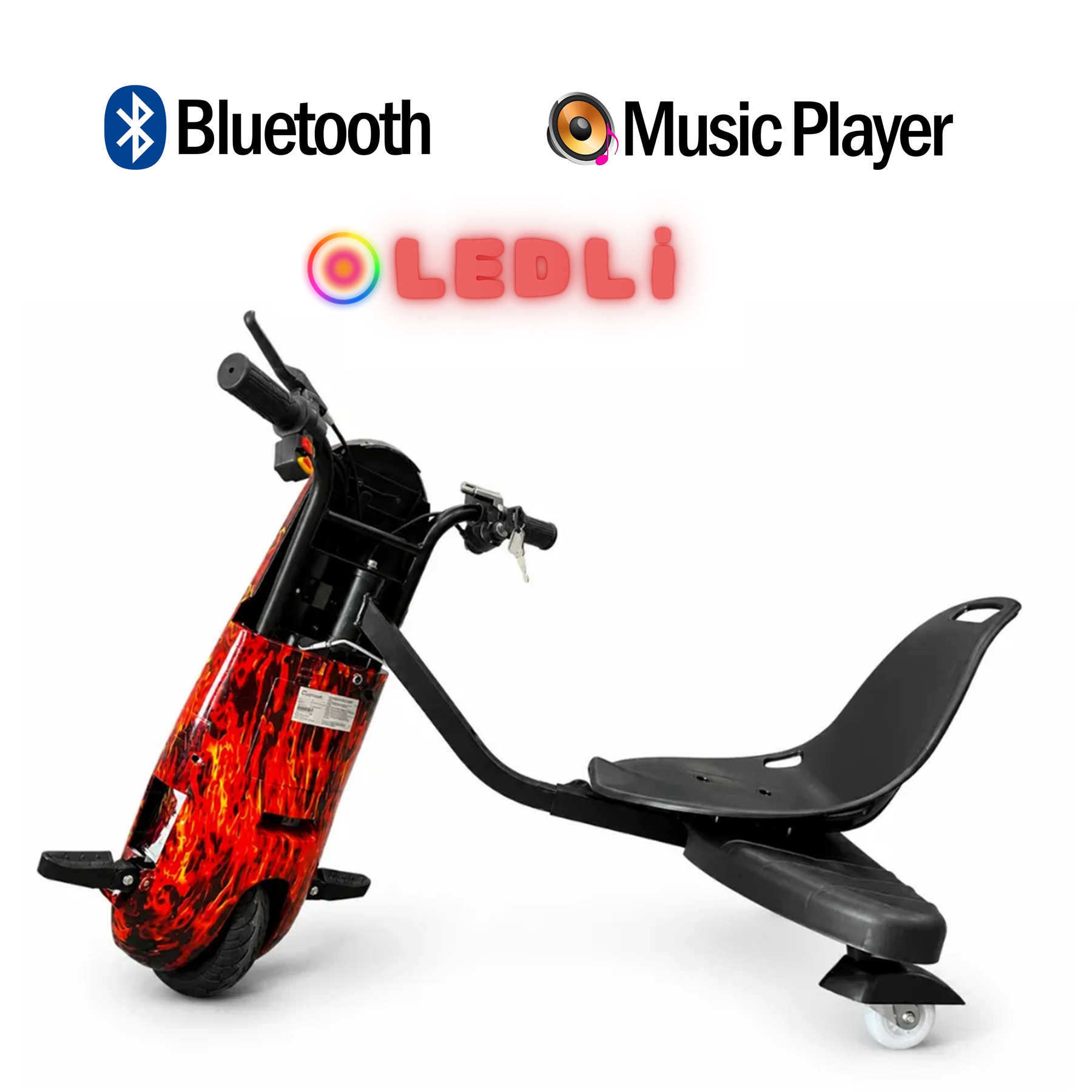 Bluetooth ve Müzik Çalar simgeli kırmızı ve siyah elektrikli drift üç tekerlekli bisiklet.