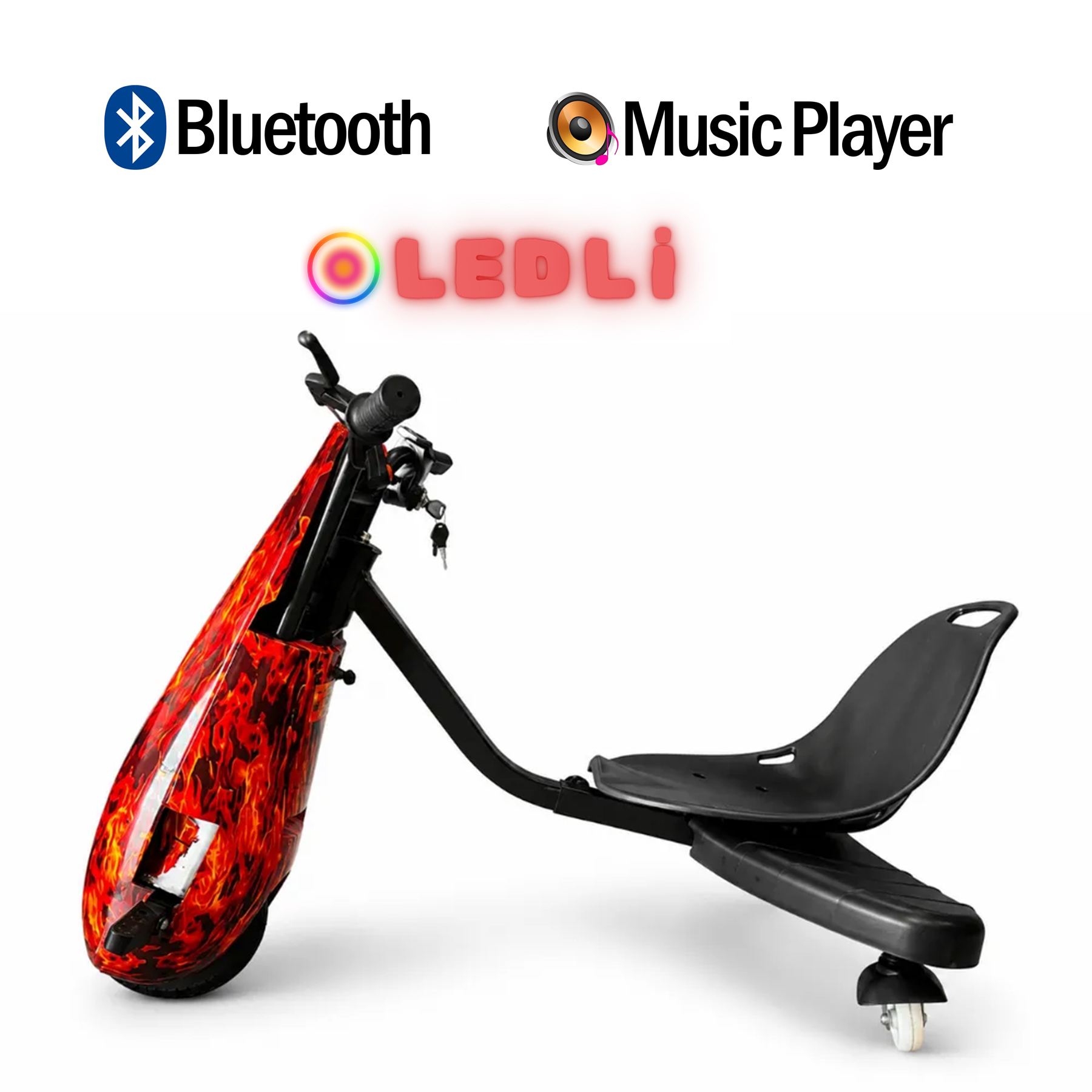 Alev desenli kırmızı elektrikli scooter ve siyah koltuk.