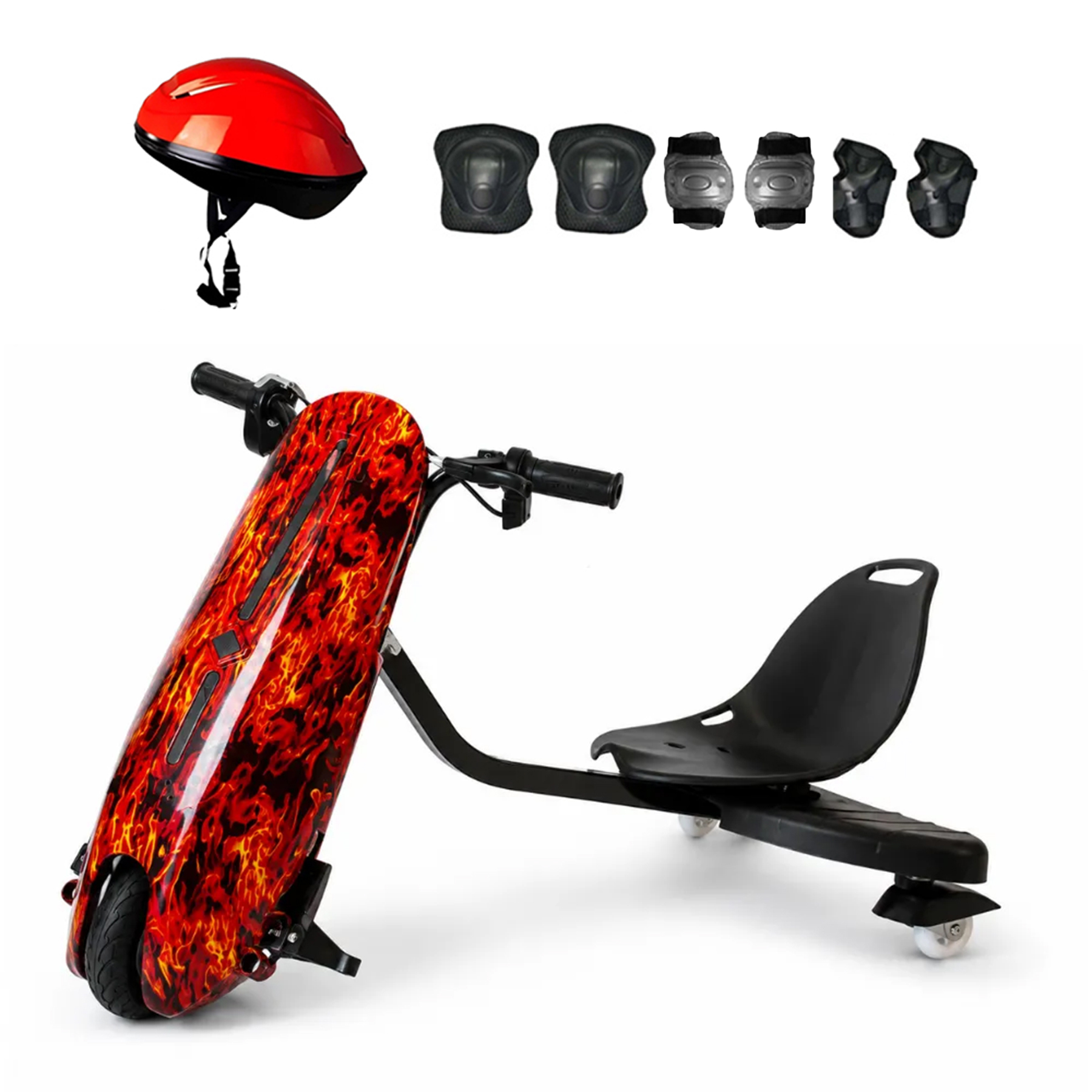 Kırmızı bir kask ve koruyucu ekipman, kırmızı-turuncu bir drift scooter'ın yanında.