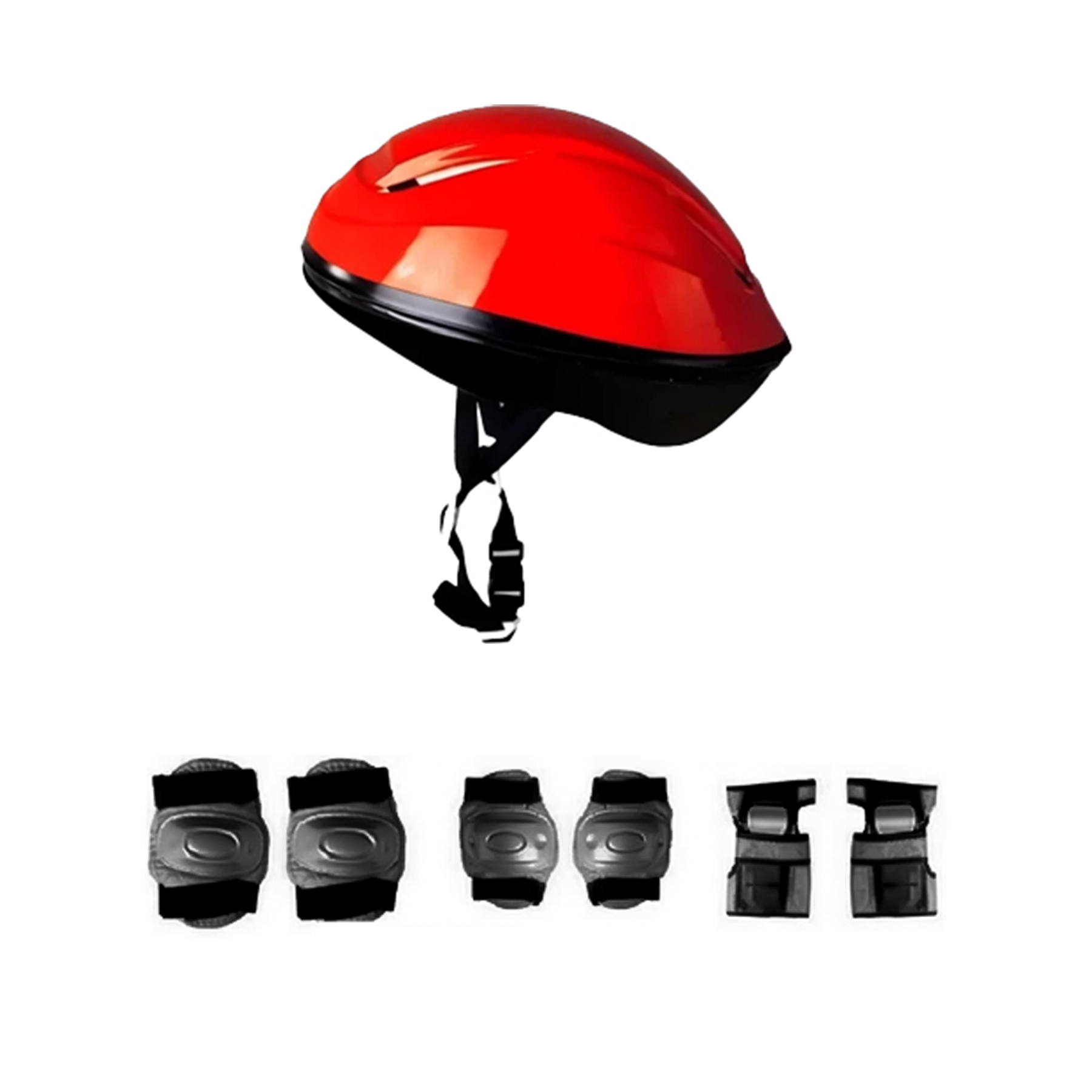 Siyah kayışlı kırmızı kask ve dizlik, dirseklik.