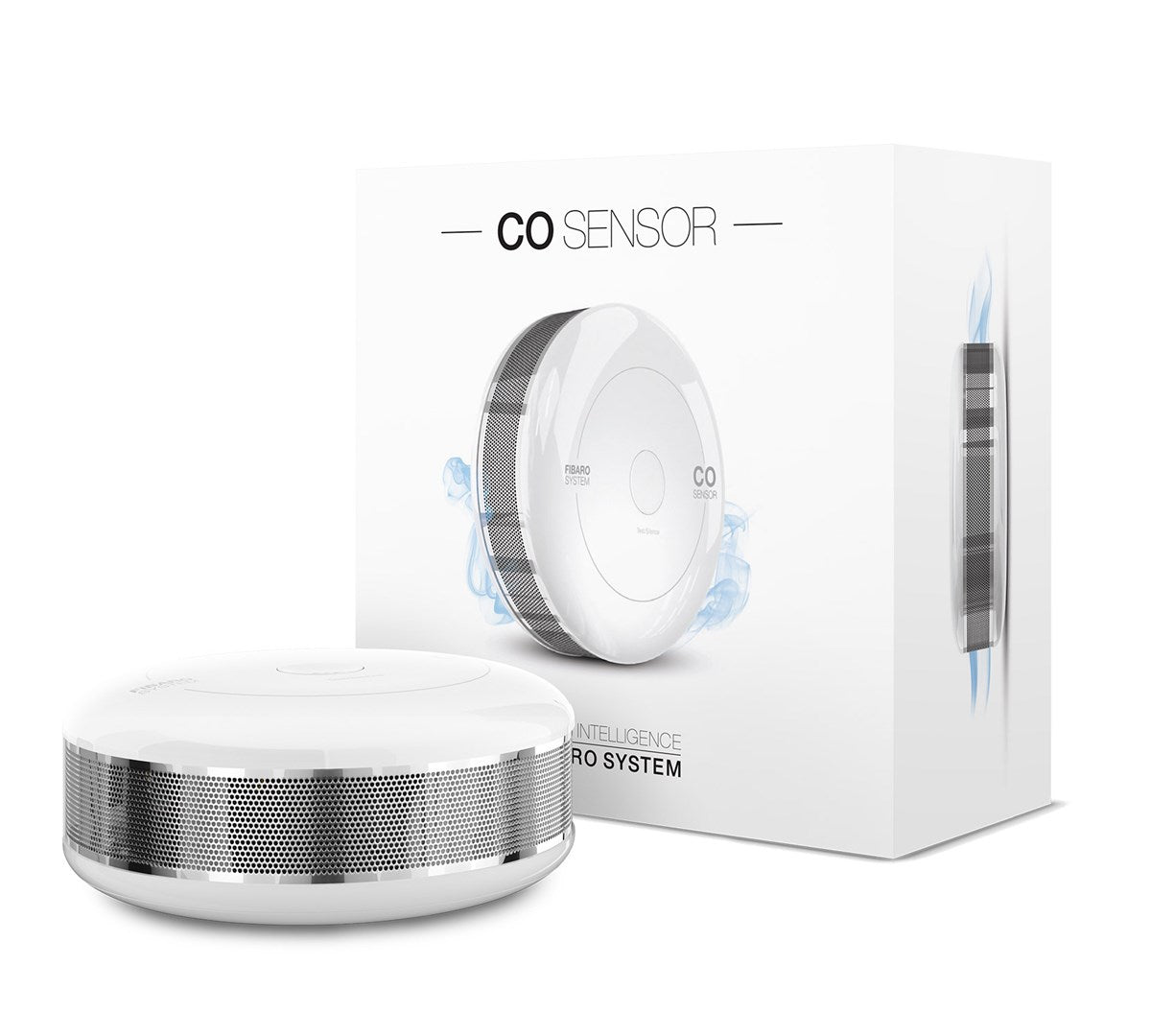 Ein weißes CO-Sensor-Gerät und seine Verpackung werden auf weißem Hintergrund gezeigt.