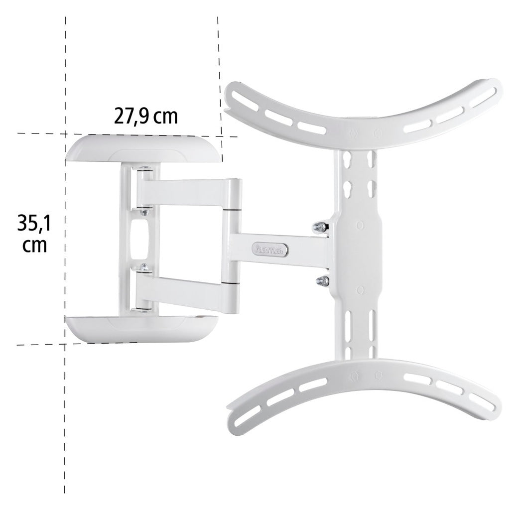 Soporte de pared para TV blanco con brazos ajustables y medidas.