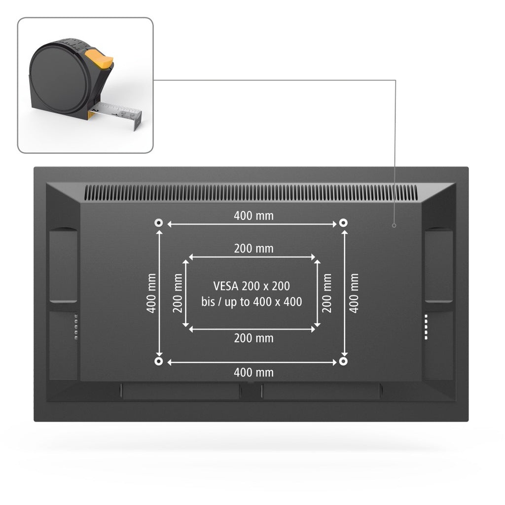 Parte trasera de un televisor con dimensiones de montaje VESA de 200x200 a 400x400 mm.