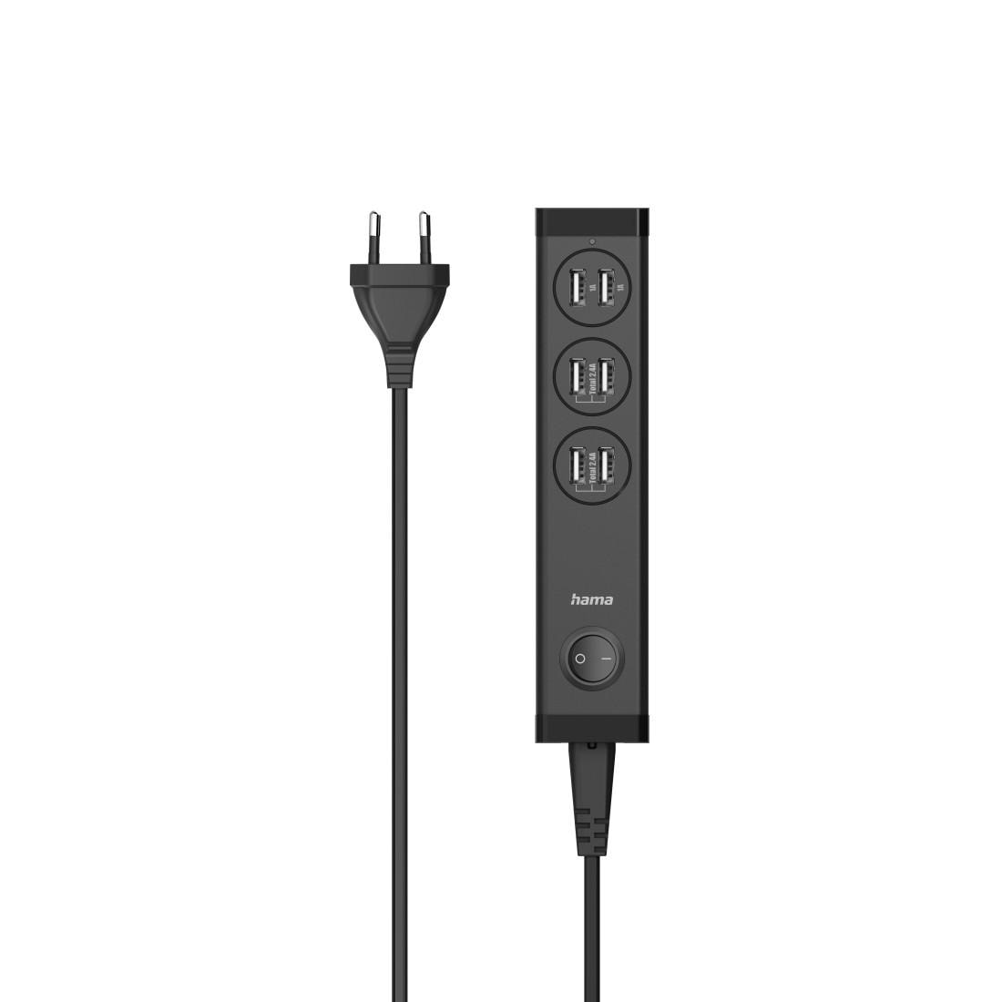 Multipresa nera con tre porte USB e una spina.