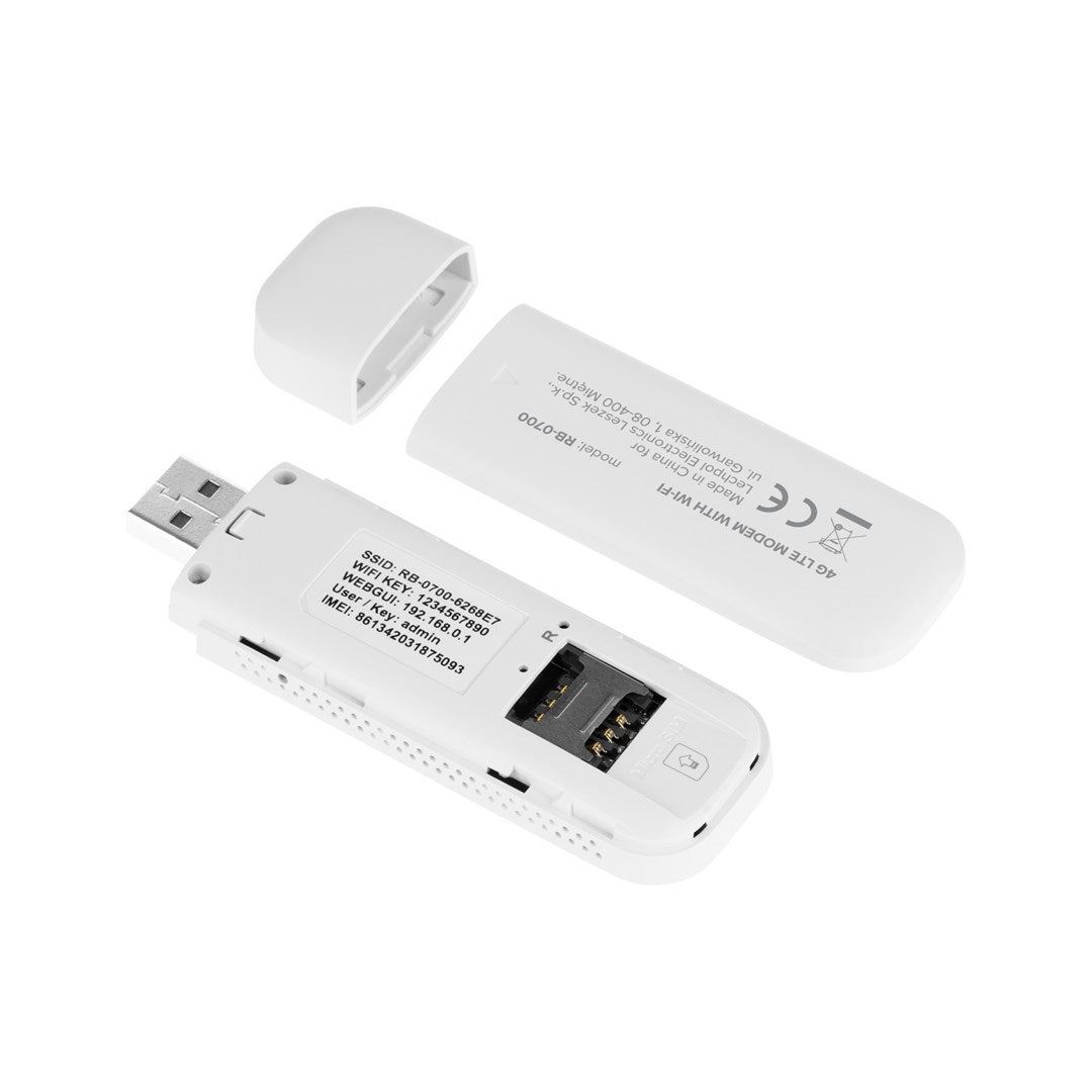 Ein weißer 4G LTE WLAN-Modem-Dongle mit USB-Stecker und abgenommenem Deckel.