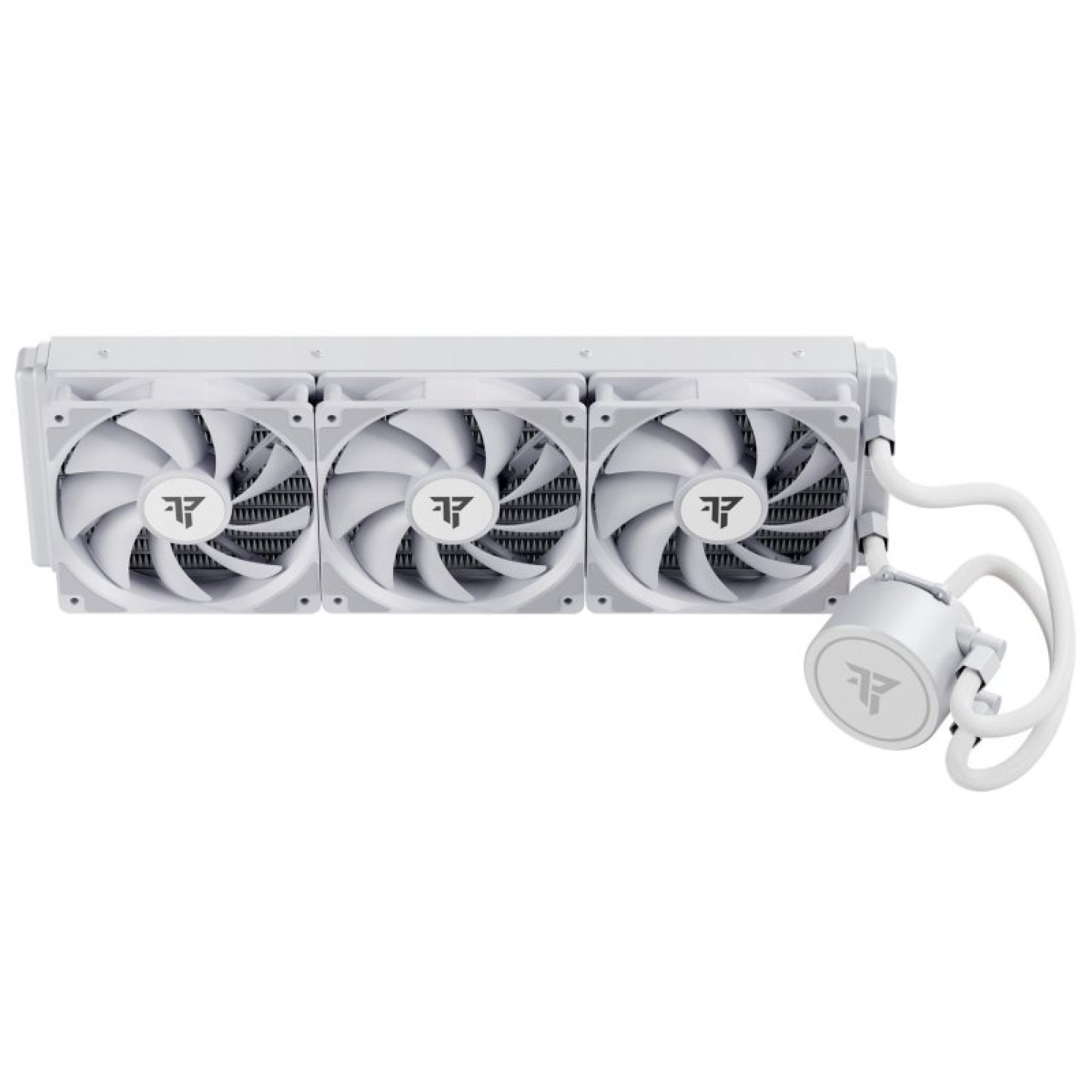 Un sistema di raffreddamento a liquido bianco per PC con tre ventole e una pompa.