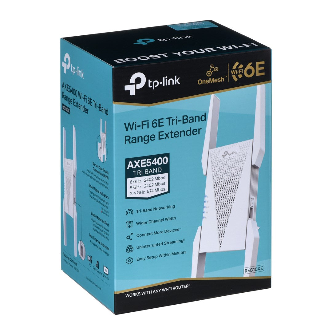 TP-Link AXE5400 Wi-Fi 6E Tri-Band Range Extender Box mit Gerät.
