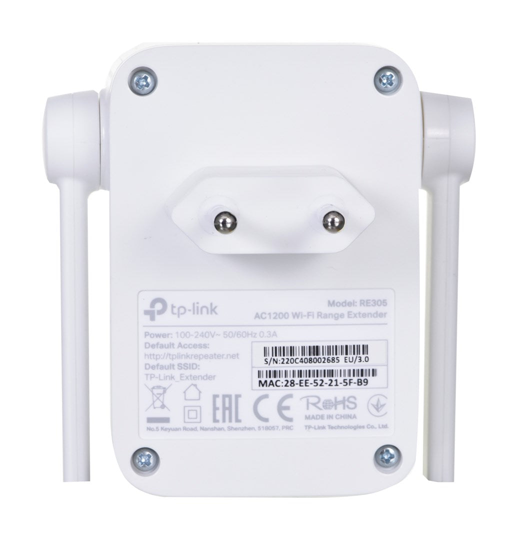 Weißer TP-Link RE305 WLAN-Repeater mit zwei Antennen und Steckdosenanschluss.