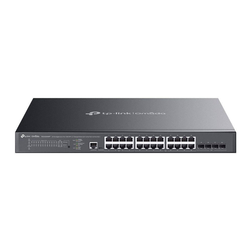 Un switch réseau TP-Link Omada noir 24 ports avec indicateurs LED.