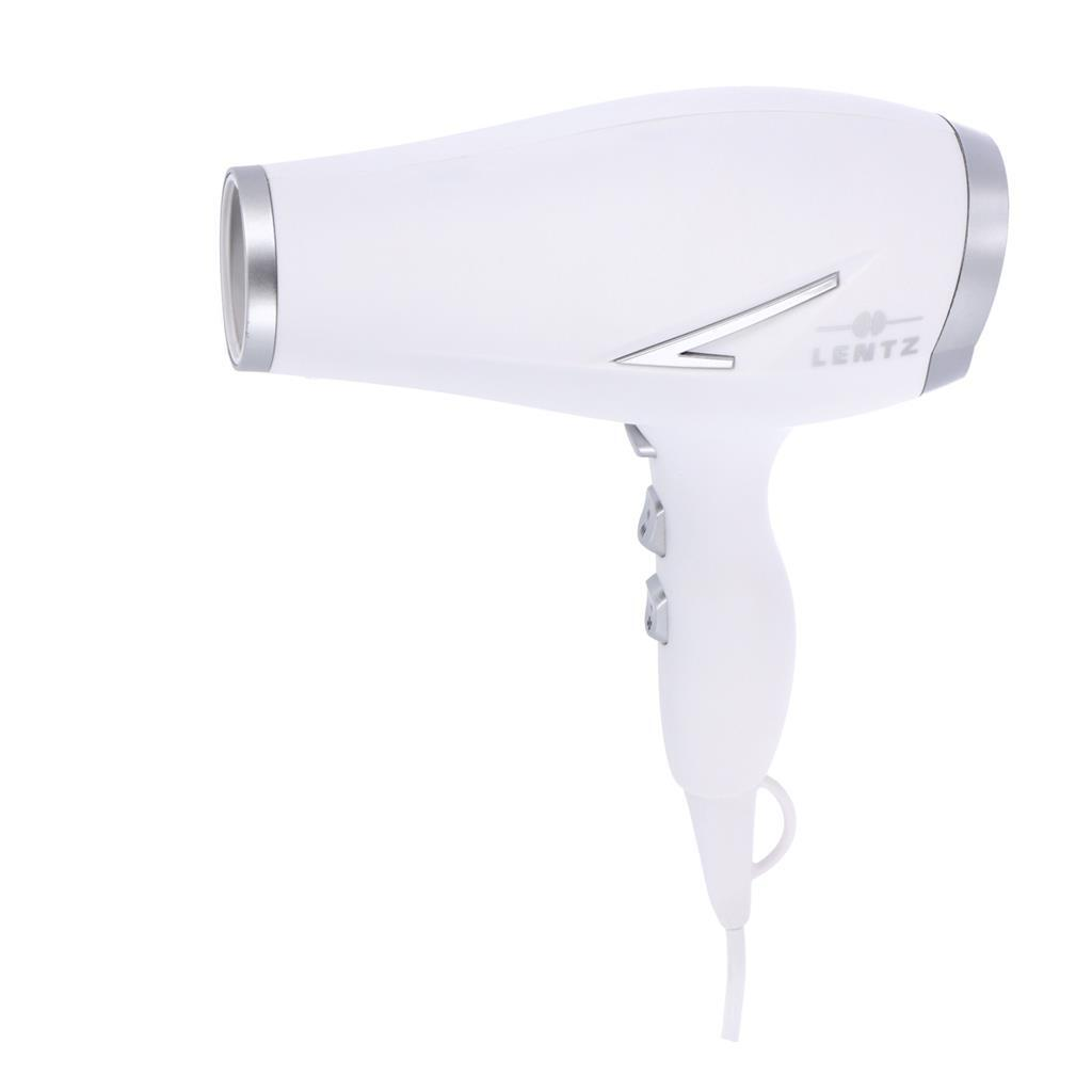 Un asciugacapelli bianco con accenti argentati e logo Lentz.