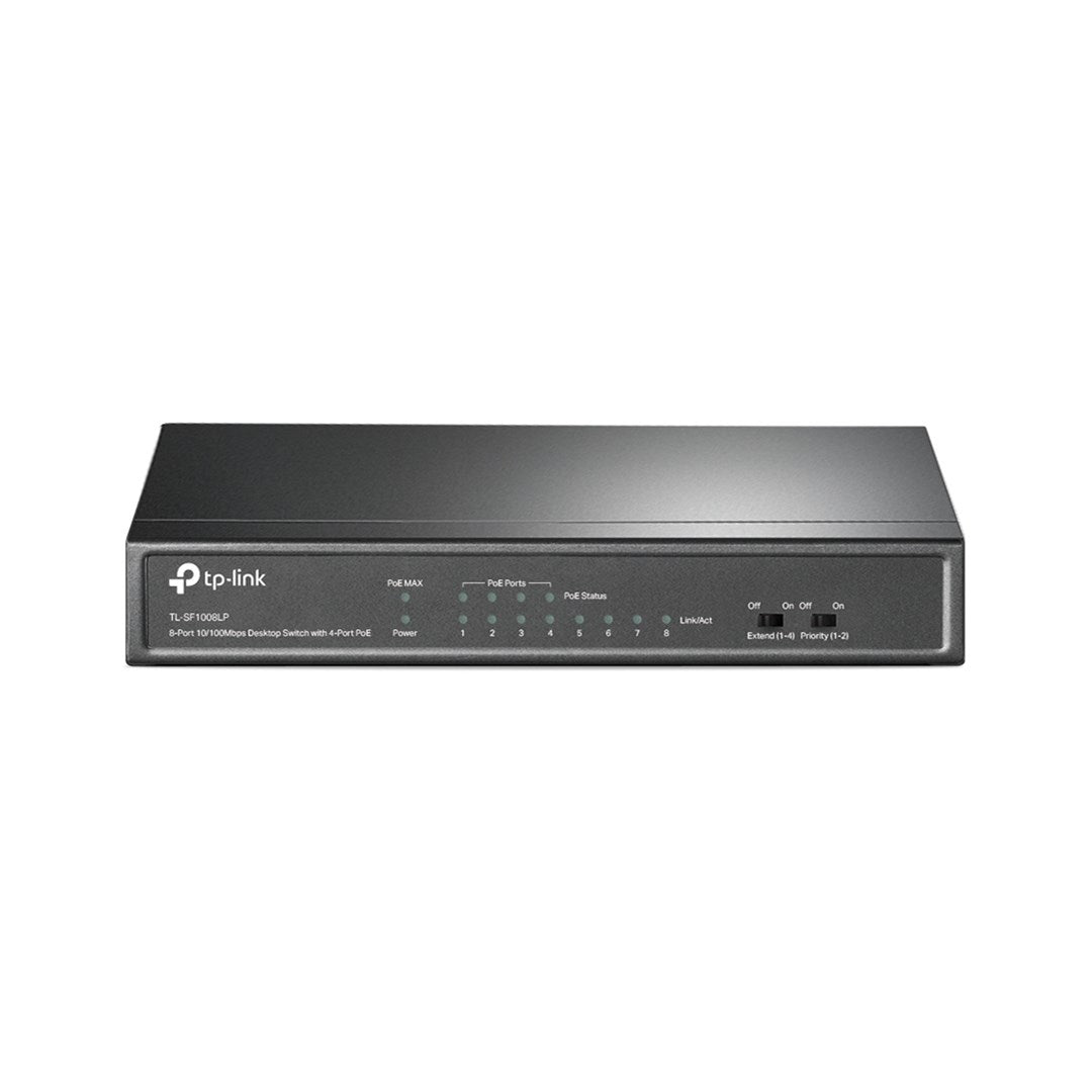 Een zwarte TP-Link 8-poorts PoE-switch met LED's voor stroom, poorten en status.