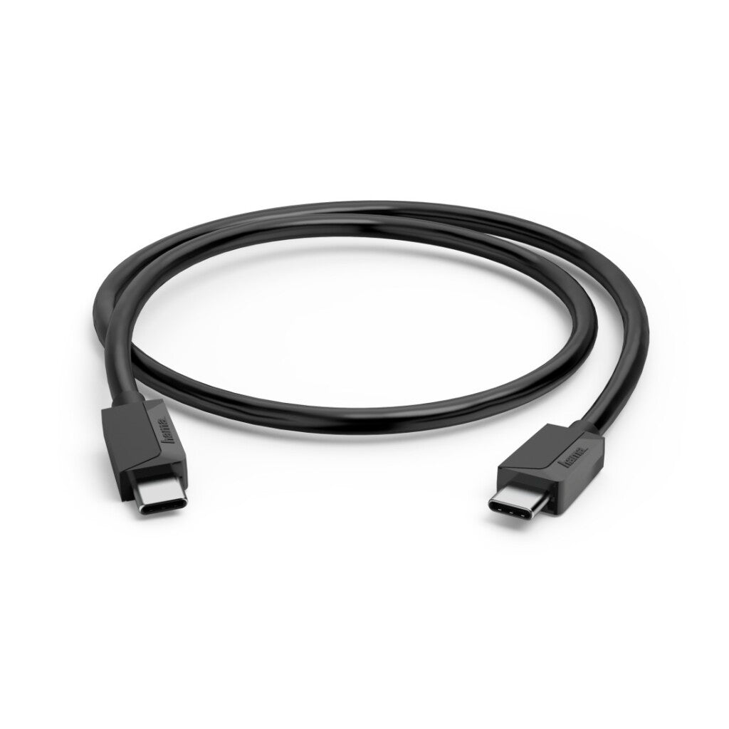 Schwarzes USB-C-Kabel mit zwei Anschlüssen auf weißem Hintergrund.