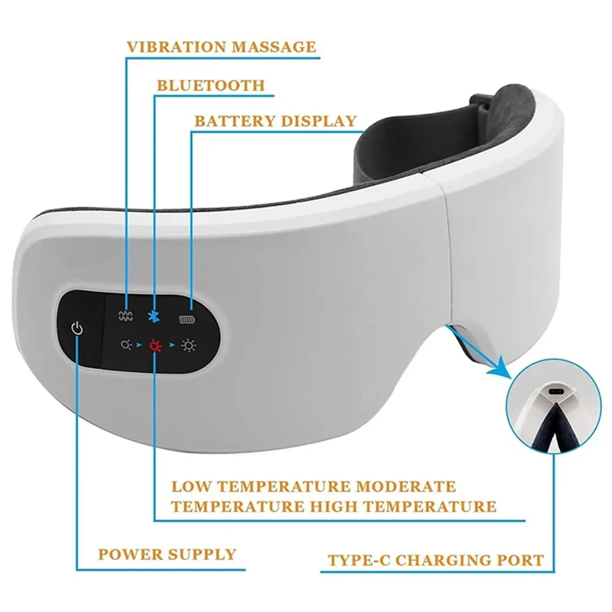 Masajeador ocular blanco con controles para vibración, Bluetooth, pantalla de batería, temperatura, alimentación y puerto de carga.