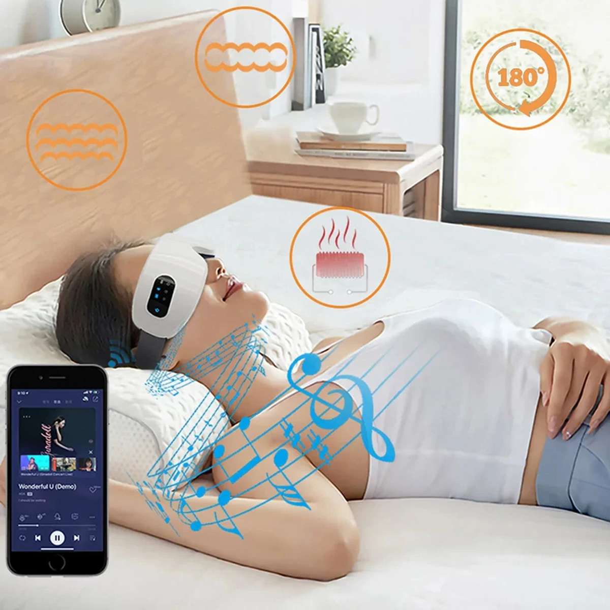 Una mujer yace en la cama con una máscara para ojos, mostrando música y calor.