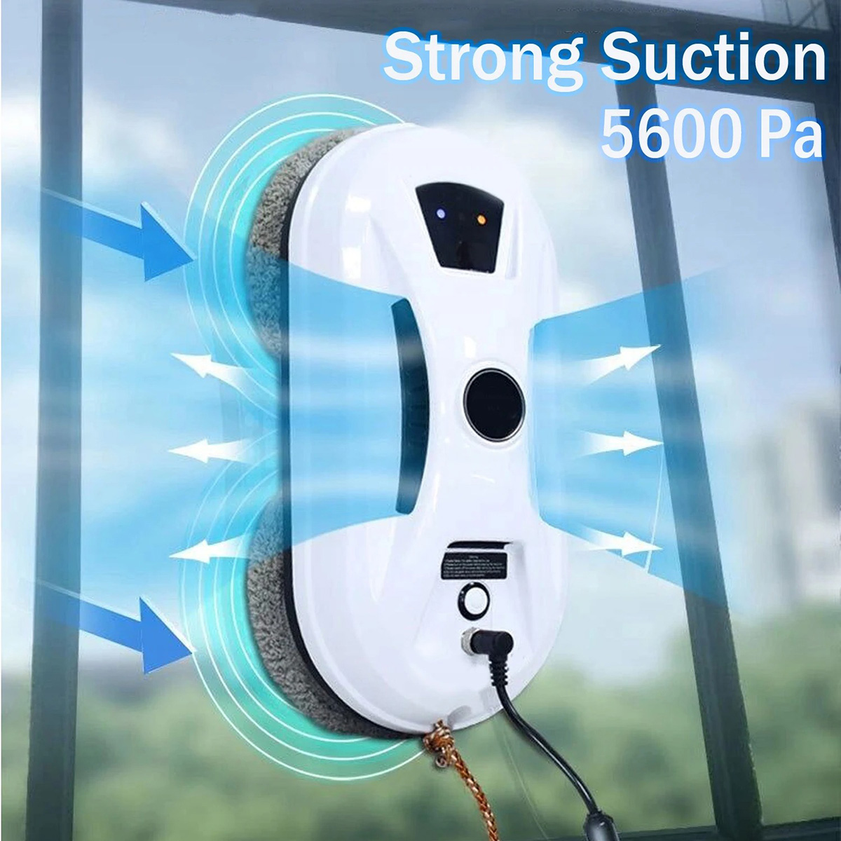 Robot limpiacristales blanco con efecto de succión azul en el cristal.