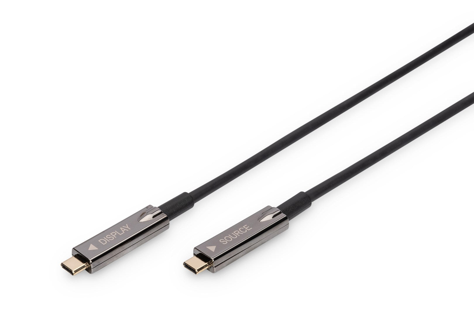 Un câble noir avec deux connecteurs USB-C étiquetés SOURCE et DISPLAY.