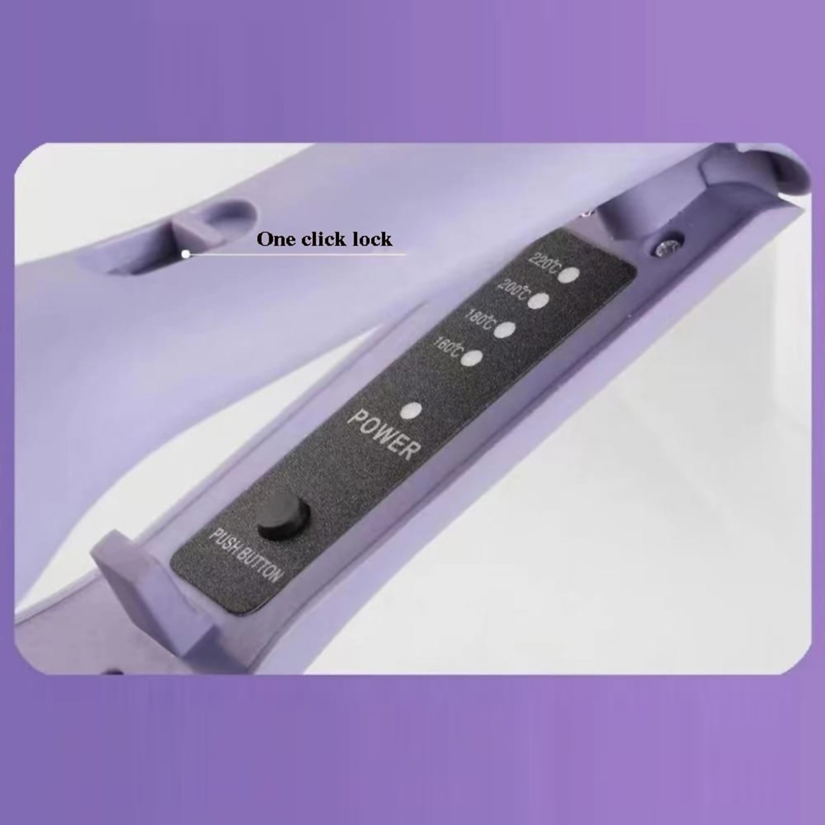 Una plancha de pelo morada con botón de encendido y ajustes de temperatura 160C, 180C, 200C, 220C.