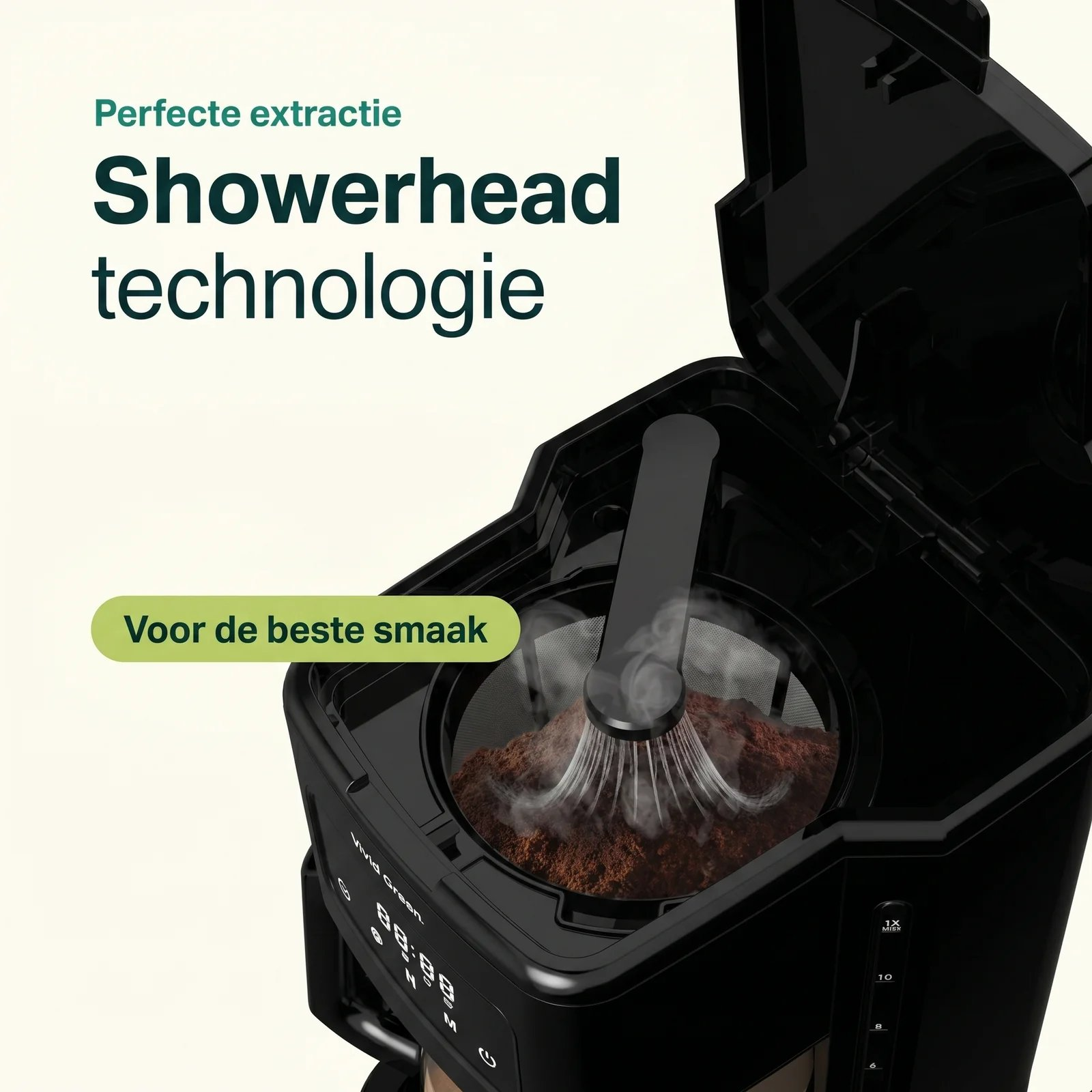 Coffee maker with showerhead technology spraying water over coffee grounds.