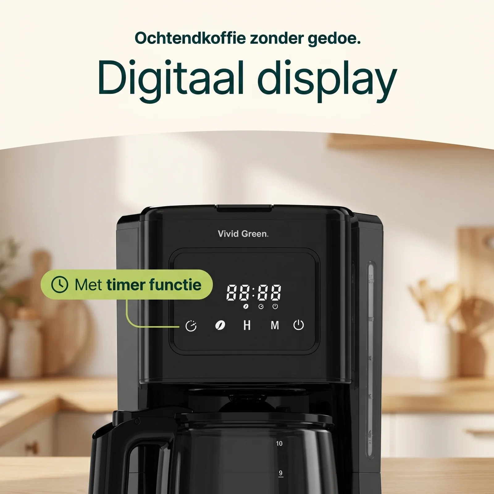 Black coffee maker with digital display and timer function.
