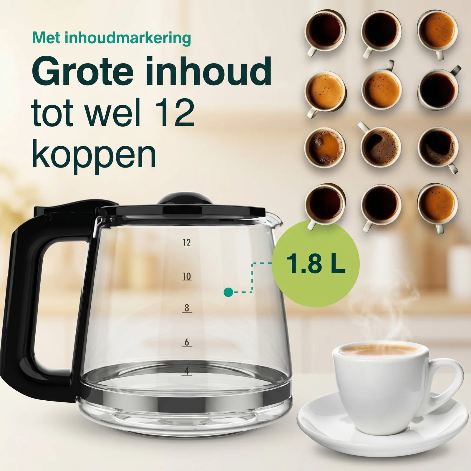 Glass coffee pot with 1.8 L capacity, cups of coffee beside it. Text: Large capacity.