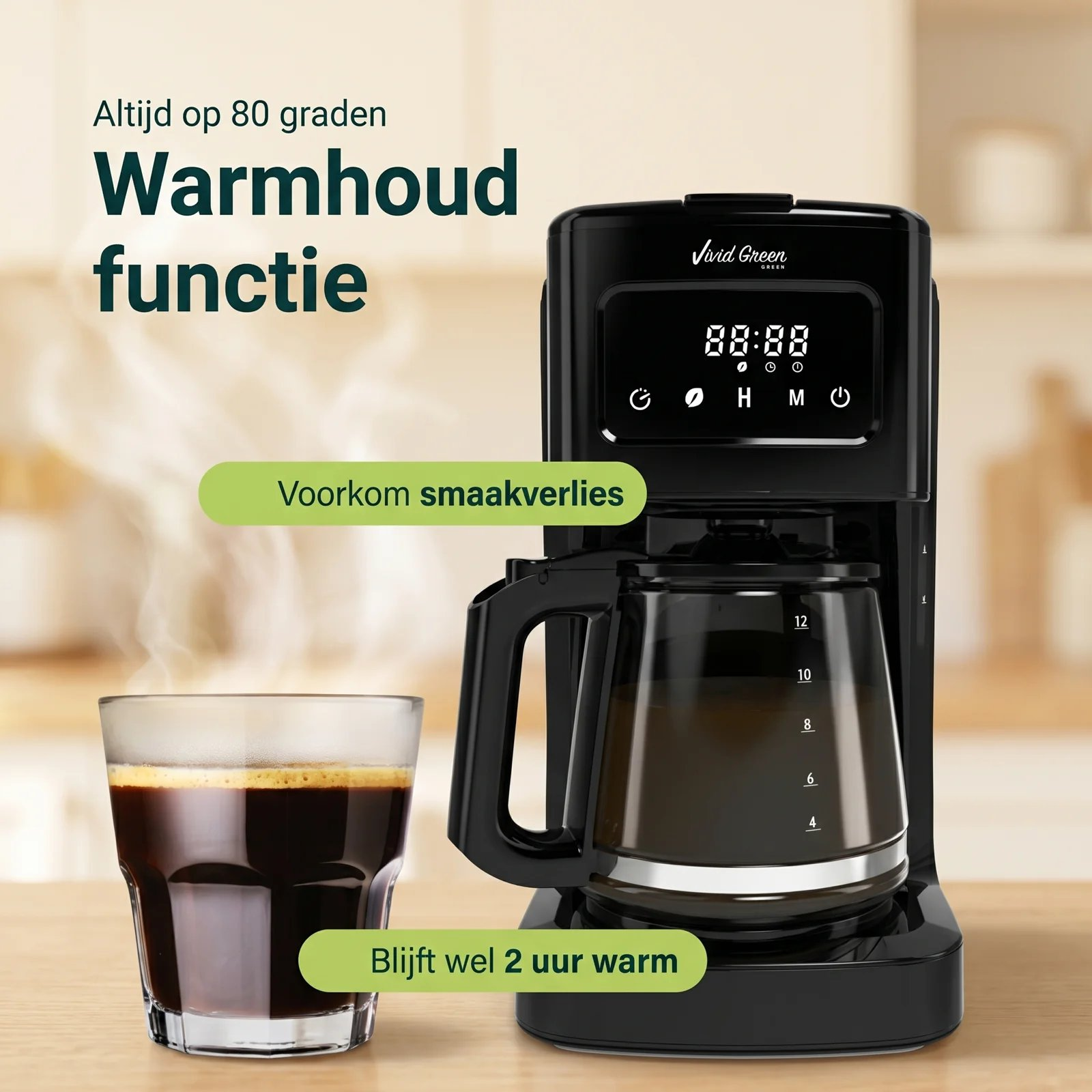 Black coffee maker with glass carafe and a steaming cup of coffee.