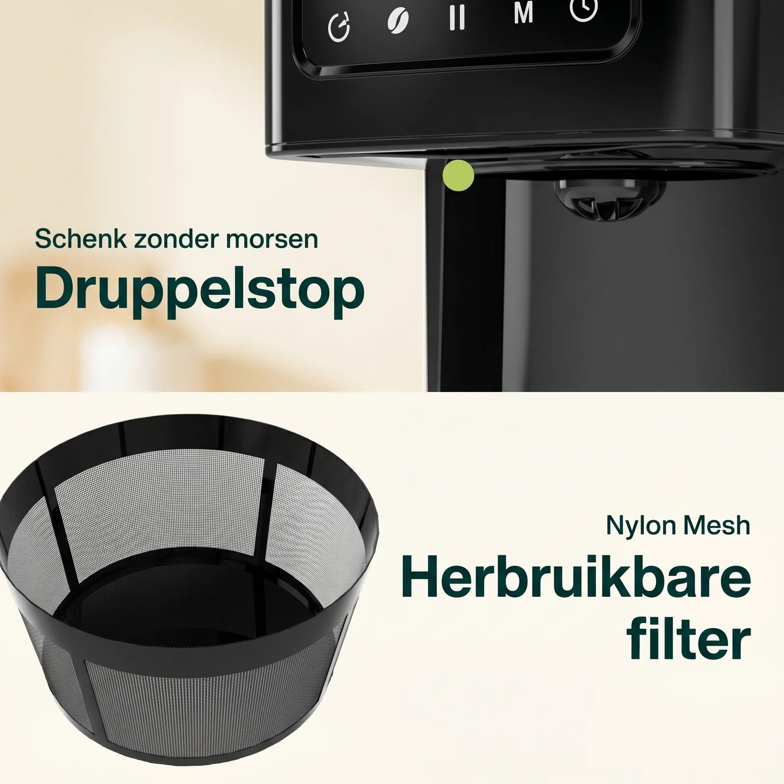 A coffee machine featuring a drip-stop and a reusable nylon filter basket.
