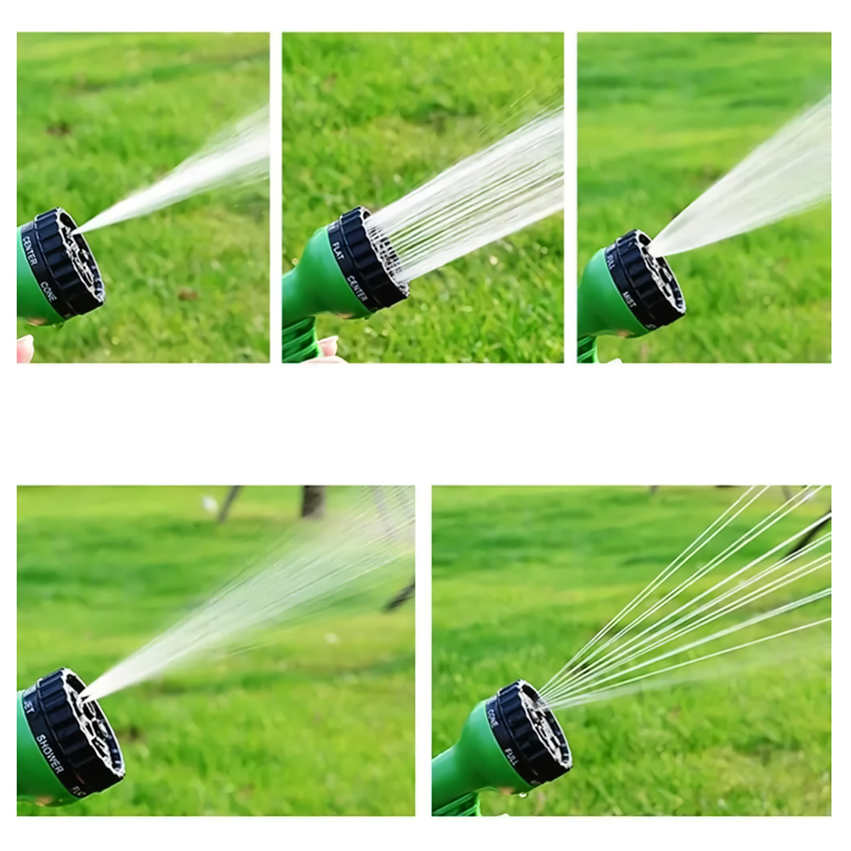 Boquilla de manguera de jardín verde rocía agua sobre césped en varios patrones.