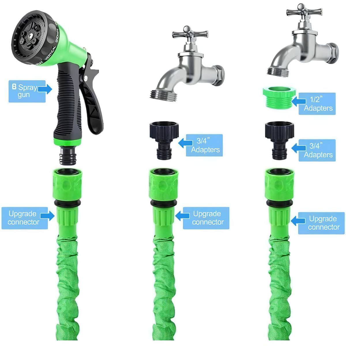 Pistola pulverizadora verde, grifos, adaptadores y mangueras extensibles.