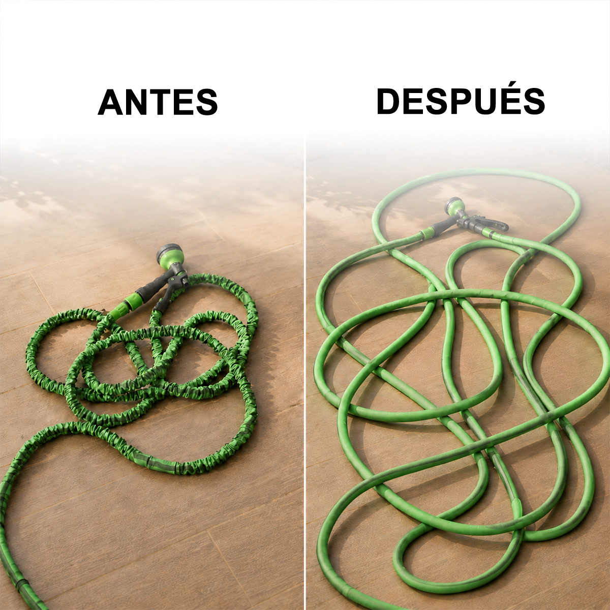 Manguera de jardín verde, enrollada y extendida, sobre suelo de madera.