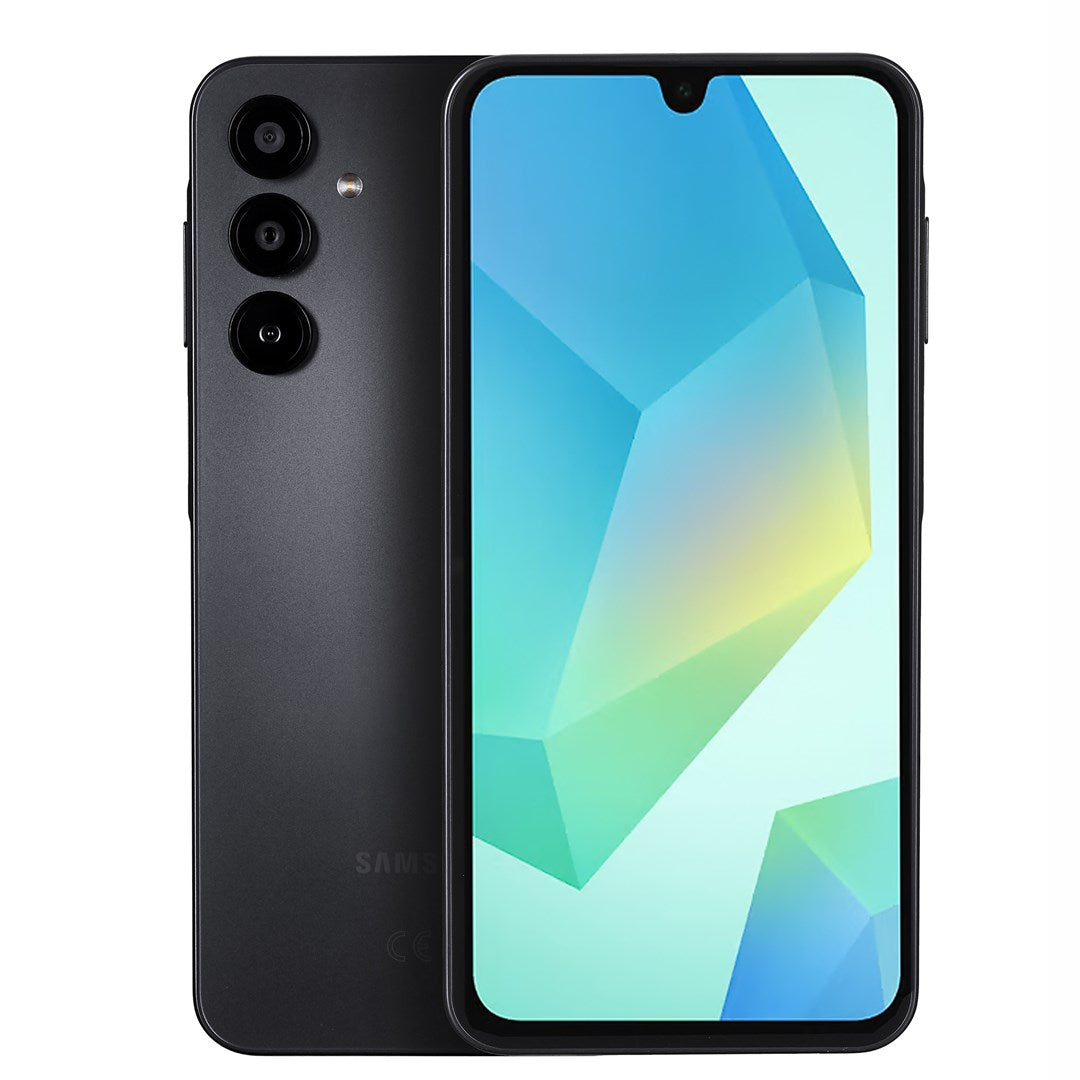 Un smartphone negro con tres cámaras traseras y un fondo abstracto y colorido.